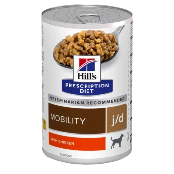 Prescription Diet j/d mit Huhn 12x370g Hill's Prescription Diet Dosenfutter für Hunde, beschriftet mit 'Mobility j/d', mit Huhn, das ein von Tierärzten empfohlenes Logo trägt.