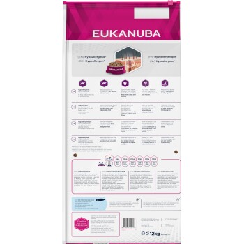 Eukanuba hypoallergenes Hundefutterbeutel, 12kg, mit ernährungsphysiologischen Vorteilen, Fütterungsanleitung und mehrsprachigem Text zu Zutaten und Gesundheitsunterstützung.
