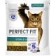 Eine Tüte Perfect Fit Katzenfutter mit einer braun gestreiften Katze auf der Vorderseite, beschriftet mit "Unterstützt die Gesundheit des gesamten Körpers", mit "Steril 1+" und "Reich an Huhn."