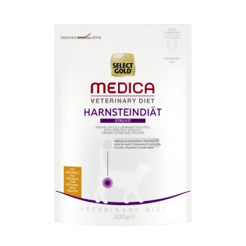 Sélectionnez Gold Medica Veterinary Diet Harnsteindiät Struvit, paquet de 300g pour la santé des pierres urinaires chez les chats, avec une silhouette de chat blanc.