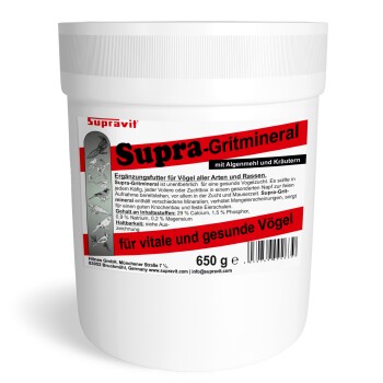 Weißer Behälter des Supra-Gritmineral Vogelfutters mit Algen und Kräutern, 650g, für gesunde Vögel.