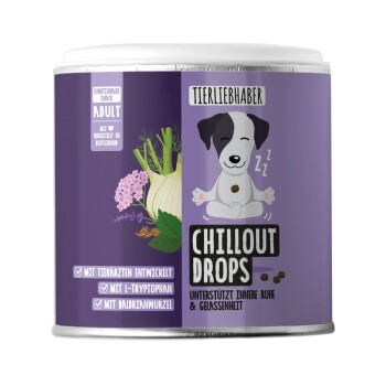 Behälter mit "Chillout Drops" für Haustiere, 350g (ca. 150 Tropfen), mit einem lila Design und einem Herzlogo sowie Pfotenabdrücken.