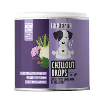 Chillout Drops für Hunde 350g Behälter mit "Chillout Drops" für Haustiere, 350g (ca. 150 Tropfen), mit einem lila Design und einem Herzlogo sowie Pfotenabdrücken.