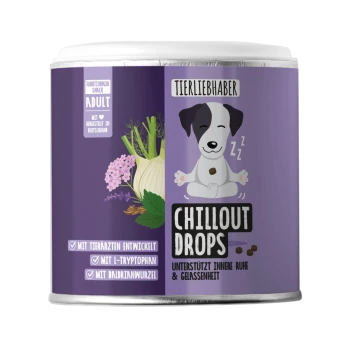 Behälter mit "Chillout Drops" für Haustiere, 350g (ca. 150 Tropfen), mit einem lila Design und einem Herzlogo sowie Pfotenabdrücken.