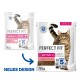 Kattenvoer verpakking voor "Perfect Fit" met een tabby kat, met tekst die "active 1+", "Reich an Rind," en "total 5" aangeeft.