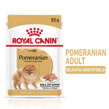 Torebka karmy dla psów Royal Canin Pomeranian Adult, 85g, z wizerunkiem psa rasy Pomeranian, z tekstem podkreślającym wsparcie dla kości i stawów.