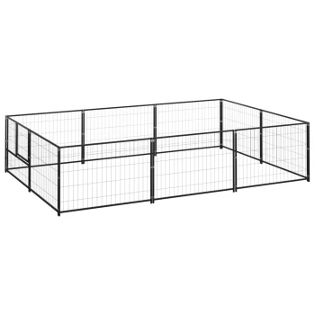 Schwarzes Metallspielgehege für Haustiere in rechteckiger Form, mit Drahtpaneelen und einem Tor für einfachen Zugang.