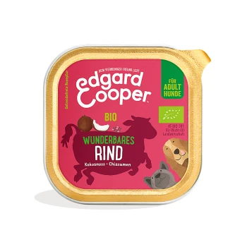 Adult Bio 17x100g Wunderbares Rind Edgard Cooper Bio-Hundefutterverpackung mit rosa Hintergrund, beschriftet mit "WUNDERBARES RIND," mit Illustrationen von Tieren und Zutaten.