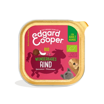 Edgard Cooper Bio-Hundefutterverpackung mit rosa Hintergrund, beschriftet mit "WUNDERBARES RIND," mit Illustrationen von Tieren und Zutaten.