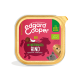 Edgard Cooper Bio-Hundefutterverpackung mit rosa Hintergrund, beschriftet mit "WUNDERBARES RIND," mit Illustrationen von Tieren und Zutaten.