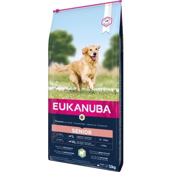 Eukanuba Senior-Hundefutterbeutel mit einem golden Retriever, der auf einem Feld läuft, und hebt hochwertiges Trockenfutter für große und riesige Rassen hervor.