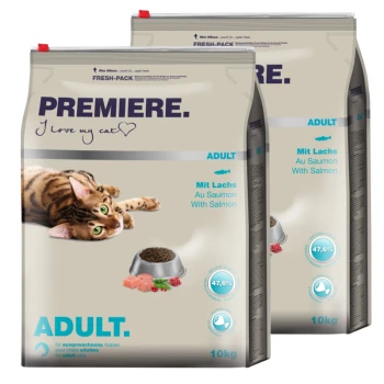 Two bags of cat food labeled "PREMIERE. I love my cat" featuring a playful tabby cat. The food is salmon-flavored, with 47.6% protein, 10kg each.