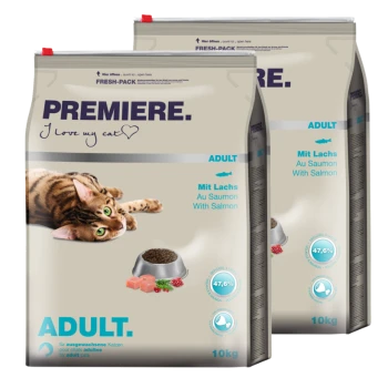 Zwei Tüten Katzenfutter, beschriftet mit "PREMIERE. Ich liebe meine Katze", mit einer verspielten getigerten Katze. Das Futter hat Lachs-Geschmack, mit 47,6% Protein, jeweils 10 kg.