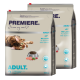 Deux sacs de nourriture pour chat étiquetés "PREMIERE. J'aime mon chat" avec un chat tigré joueur. La nourriture est au saumon, avec 47,6 % de protéines, 10 kg chacun.