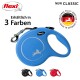 Blaue, einziehbare Hundeleine von Flexi, mit einem silbernen Logo und in drei Farben erhältlich: blau, schwarz und rot.