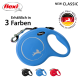 Blaue, einziehbare Hundeleine von Flexi, mit einem silbernen Logo und in drei Farben erhältlich: blau, schwarz und rot.