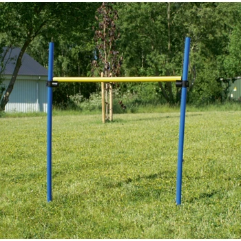 Un ensemble de saut d'agilité pour chien bleu et jaune sur un champ herbeux, avec deux poteaux verticaux bleus et une barre horizontale jaune.