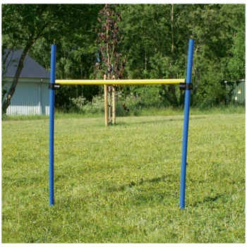 Un ensemble de saut d'agilité pour chien bleu et jaune sur un champ herbeux, avec deux poteaux verticaux bleus et une barre horizontale jaune.