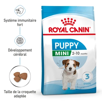 Sac de nourriture pour chiots Royal Canin Puppy Mini pour chiots de 2 à 10 mois, mettant en avant les avantages pour l'immunité, le développement cérébral et la taille des croquettes.