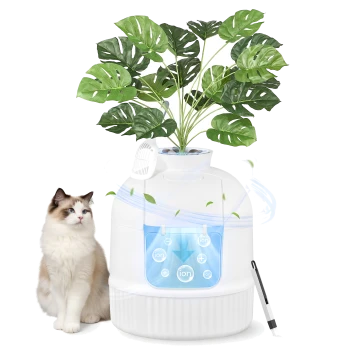 Ragdoll-Katze neben weißem Haustier-Wasserspender mit Topfmonstera oben, blaues Display zeigt 'ion'-Symbole und Reinigungsbürste.