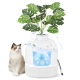 Ragdoll-Katze neben weißem Haustier-Wasserspender mit Topfmonstera oben, blaues Display zeigt 'ion'-Symbole und Reinigungsbürste.