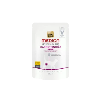 Auswahl Gold Medica Veterinärdiät Struvit Katzenfutterbeutel, 85g, mit einer weißen Katzensilhouette und Text zur Harnwegsgesundheit.