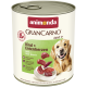 Dose Animonda GranCarno Adult 1+ Hundefutter, Rind + Entenherzen, Etikett mit Fleischstücken und Golden-Retriever-Bild.