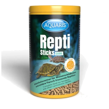 Gelber Behälter mit "AQUARIS REPTI STICKS" Reptilienfutter, mit Bildern von Schildkröten und Eidechsen, geeignet für Landschildkröten und Eidechsen.