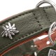 Grünes Lederhundehalsband mit silbernem Edelweiß-Niet, Metall-D-Ringen und kleinem Metallanhänger mit Aufschrift 'HU'.