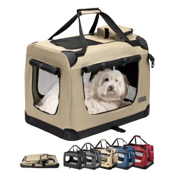 Tragetransportbox für Haustiere in Beige mit Netzfenstern, mit einem weichen Innenraum und Traggriffen, präsentiert mit Farboptionen.