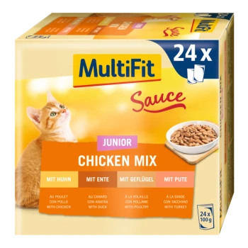 MultiFit Junior Hühner-Mix Haustierfutterbox, die 24 x 100g Portionen enthält, mit Geschmacksrichtungen wie Huhn, Ente und Truthahn.
