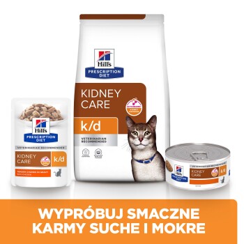 Produits Hill's Kidney Care k/d pour chats (sac, boîte, sachet) avec un chat ; texte polonais « WYPRÓBUJ SMACZNE KARMY SUCHE I MOKRE »