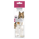 Verpackung für eine Anti-Plak-Fingerbürste mit einem lächelnden Collie-Hund, mit Text in mehreren Sprachen, der ihre antibakteriellen Eigenschaften beschreibt.