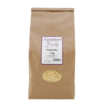 Braune Papiertüte mit dem Aufdruck "Lunderland Pastinake 1 kg" und einem transparenten Fenster, das gelbe Flocken zeigt.