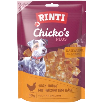 RINTI Chicko's Plus Hundeleckerli-Beutel mit Hundeillustration und sichtbarem Text 'Käsewürfel mit Huhn', Käse-Huhn-Würfel, 80 g.
