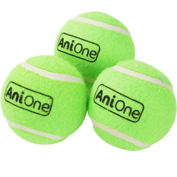 Drie felgroene tennisballen met witte strepen, met het logo "AniOne" prominent op elke bal weergegeven.