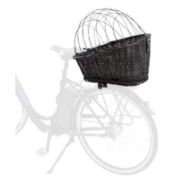 Schwarzer Korb für Fahrräder mit einem Drahtgestell, montiert auf einem Fahrrad, ideal für den Transport kleiner Haustiere.