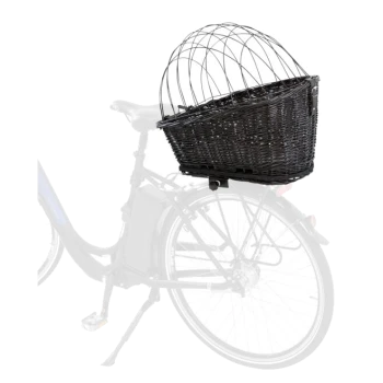 Schwarzer Korb für Fahrräder mit einem Drahtgestell, montiert auf einem Fahrrad, ideal für den Transport kleiner Haustiere.