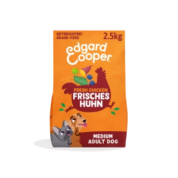 Orangefarbener 2,5-kg-Edgard Cooper Hundefutterbeutel mit den Aufschriften 'Grain-Free', 'Fresh Chicken / Frisches Huhn', 'Medium Adult Dog'.