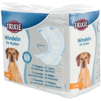 Couches Trixie pour chiens mâles, taille L-XL, emballage avec image de chien et description multilingue du produit.