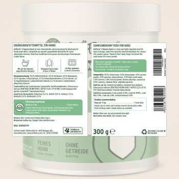 Ergänzungsfutter für Hunde, Aniforte 2*Season Snack, getreidefrei, mit Huhn, Kokosnuss und Vitaminen. 300g Behälter.