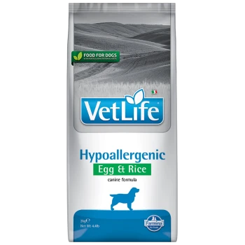 Opakowanie karmy dla psów VetLife Hypoallergenic Egg & Rice, z niebieskim logo, zieloną etykietą z napisem 'Karma dla psów' oraz sylwetką psa.