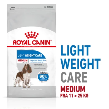 Royal Canin Light Weight Care Hundefutterbeutel, beschriftet für mittelgroße Hunde (11-25 kg), mit einer Hundillustration und dem Anspruch, die Gewichtszunahme zu begrenzen.