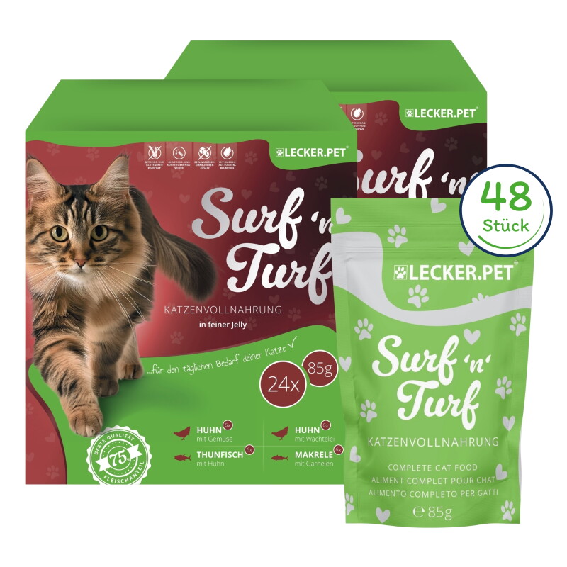 Lyra Pet Lecker.Pet Surf'n'Turf Pouches Katzenfutter in feiner Jelly Nassfutter 4er Mix Multipack 48x1 Stück