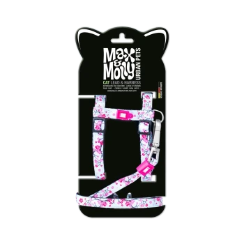 Max & Molly Urban Pets Leine und Geschirr, weiß mit rosa Kirschmuster, rosa Schnalle und Metallclip auf schwarzer Katzenohren-Verpackung.