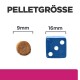 Bild zeigt die Pelletgrößen von Haustierfutter: ein 9mm runder Pellet neben einem blauen 16mm Würfel, gekennzeichnet mit "PELLETGRÖSSE" oben.