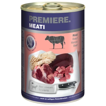 Dosenfutter für Haustiere mit der Aufschrift "Premiere. Meati", das Rindfleisch enthält, mit Bildern verschiedener Rindfleischstücke und einem Messer, das "für Fleischliebhaber" eingraviert ist.