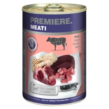 Dosenfutter für Haustiere mit der Aufschrift "Premiere. Meati", das Rindfleisch enthält, mit Bildern verschiedener Rindfleischstücke und einem Messer, das "für Fleischliebhaber" eingraviert ist.