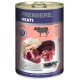 Nourriture pour animaux en conserve étiquetée "Premiere. Meati" contenant du bœuf, avec des images de différentes découpes de bœuf et un couteau inscrit "pour les amateurs de viande."
