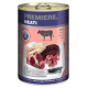 Dosenfutter für Haustiere mit der Aufschrift "Premiere. Meati", das Rindfleisch enthält, mit Bildern verschiedener Rindfleischstücke und einem Messer, das "für Fleischliebhaber" eingraviert ist.